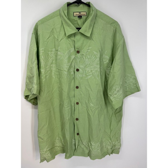 Tommy Bahama Men's Large Green Silk Button Up Short Sleeve Floral Hawaiian Shirt - Picture 1 of 6